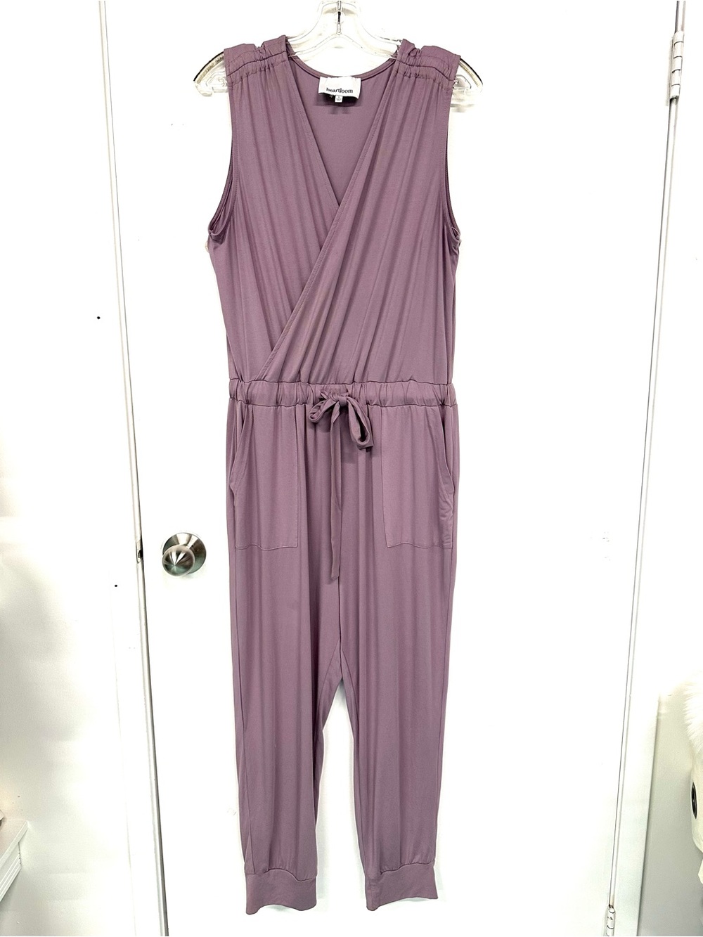 Heartloom Lilac Jogger Jumpsuit Large Soft Stretch V-Neck Tie Waist Pockets